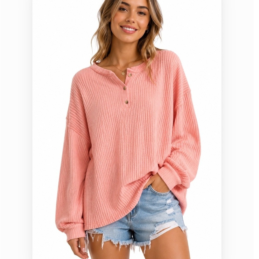 Old Navy Cozy Waffle Knit Henley Top Oversized Light Peach Pullover Small New